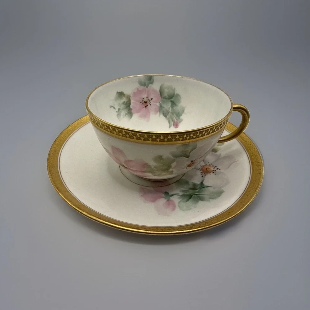 GDA France Limoges Pink Flower Teacup Coffee Cup Saucer Gold Trim Vintage France